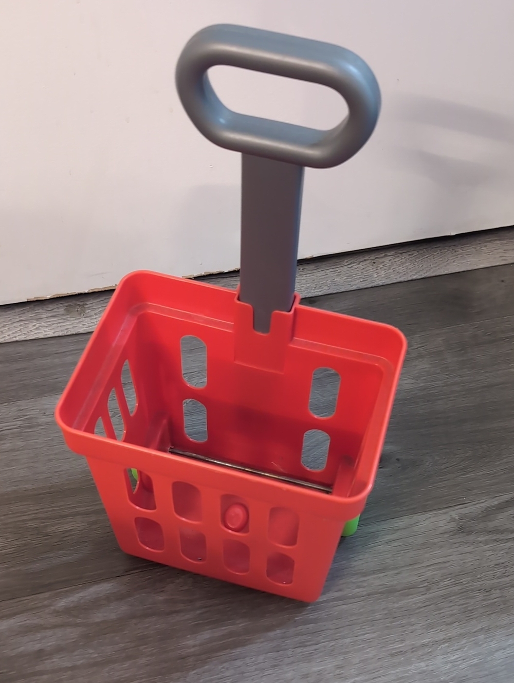 Kids Red Pull-Along Toy Shopping Basket with Gray Handle